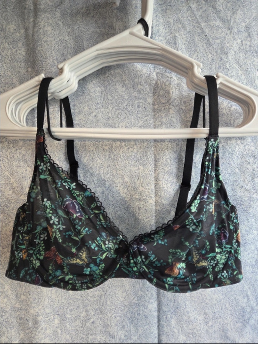 Victoria's Secret Black Floral Underwire Bra with Teal and Purple Accents